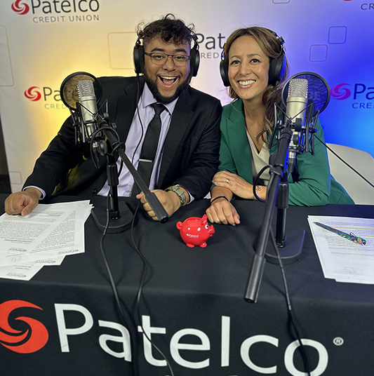 Patelco employees Michele Enriquez and Maurice Catlett at the podcast desk