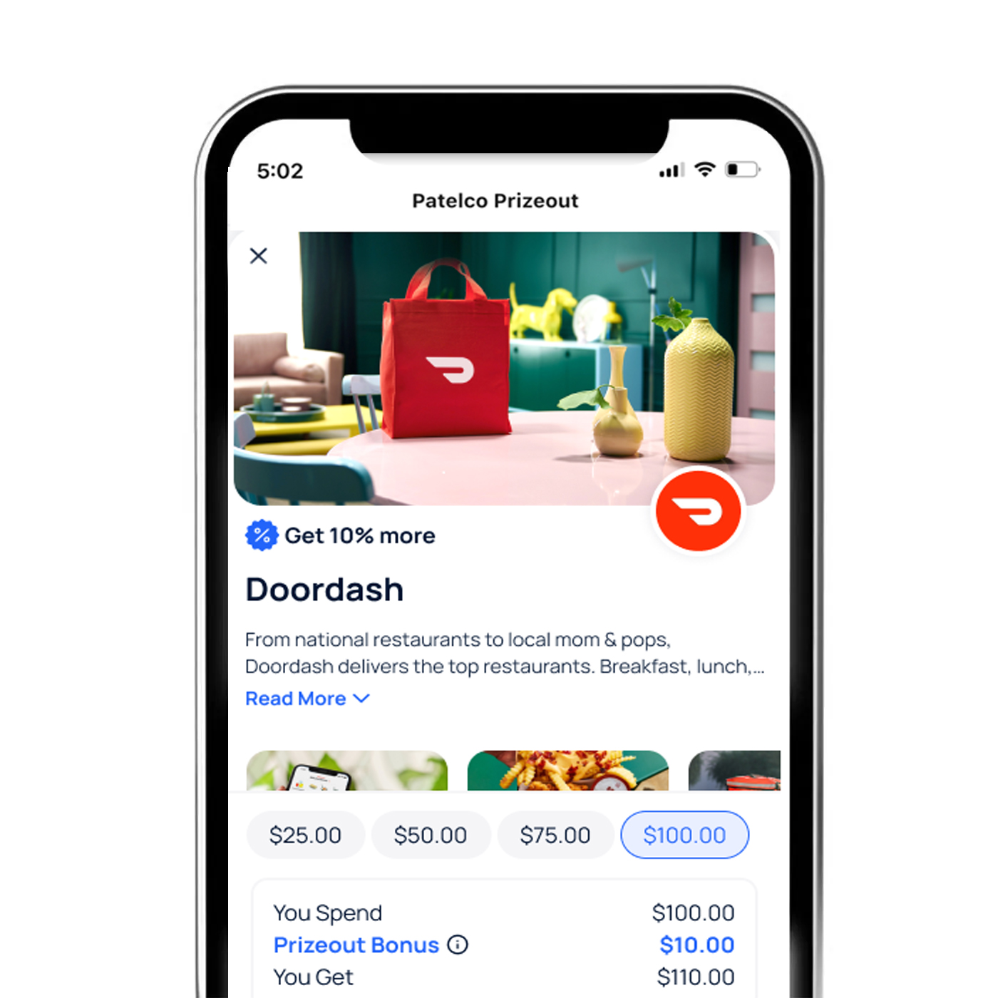 A screenshot of the Patelco Mobile App displaying how to redeem Doordash points with Prizeout