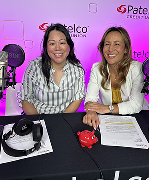 Patelco Employees Kristi Longoria and Michele Enriquez at the podcast desk