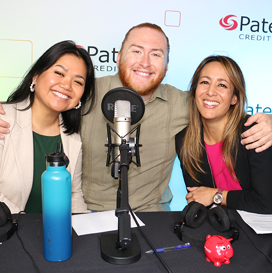 Patelco Employees Uslea Evangelista, Andrew Farrell, and Michele Enriquez at the podcast desk