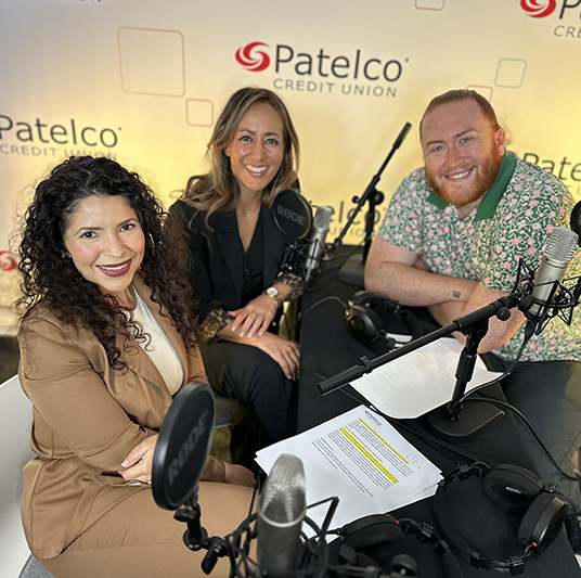 Patelco Employees Michele Enriquez, Alexia Razo Urbego, and Andrew Farrell at the podcast desk.