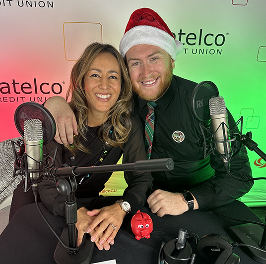 Patelco Employees Michele Enriquez and Andrew Farrell at the podcast desk.