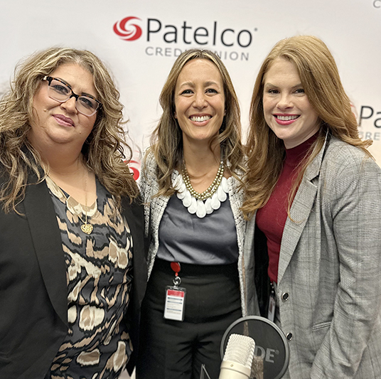 Patelco Employees Michele Enriquez, Jessica Rubalcava, Lauren Goucher at the podcast desk.