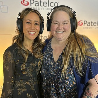 Patelco Employees Michele Enriquez and Melissa Steed at the podcast desk.