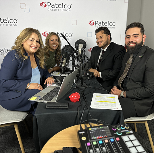 Patelco Employees Michele Enriquez, Shaida Samimi, Abraham Sidiqi, and Naseem Hashimi at the Podcast desk.
