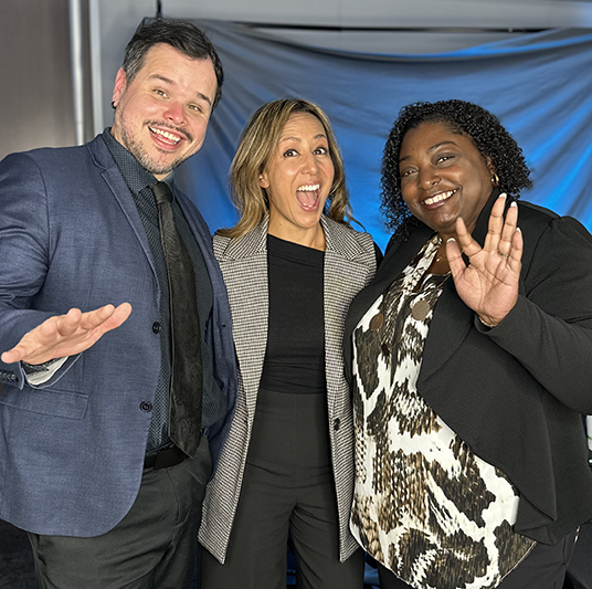 Patelco Employees Michele Enriquez, Jerry Morales and Danielle Lowe Robinson at the podcast desk.