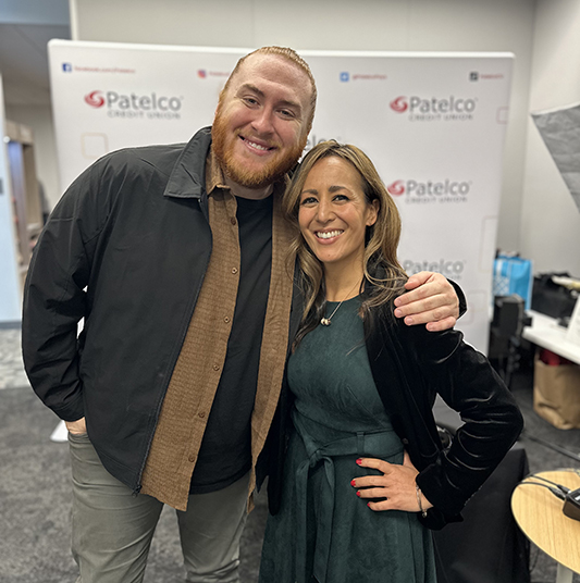 Patelco Employees Michele Enriquez and Andrew Farrell in the podcast studio.