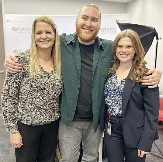 Patelco Emplyees Jennifer Mink, Lauren Goucher, and Andrew Farrell in the podcast studio.