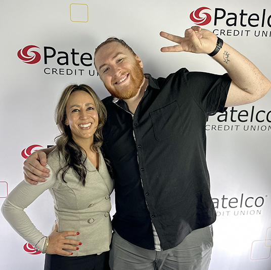 Patelco Employees Michele Enriquez and Andrew Farrell in the podcast studio.