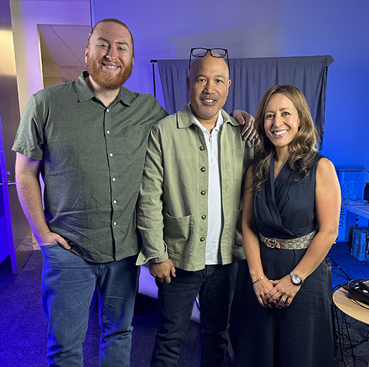 Patelco Employees Mark Southon, Andrew Farrell and Michele Enriquez in the podcast studio.