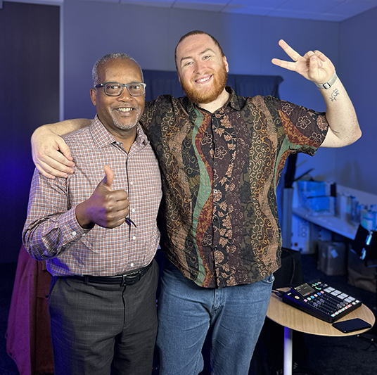 Patelco Employees Andrew Farrell and Fred Williams in the podcast studio.